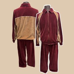 Vtg John Blair Mens Velour Track Suit Size XLG 2-Pc Jacket Pants Red Brown